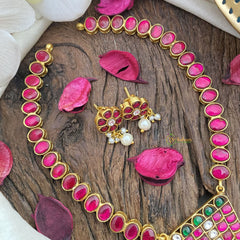 Vriksham Designer Peacock Pendant Kundan Jadau  Neckpiece-Red-White Bead-J2852