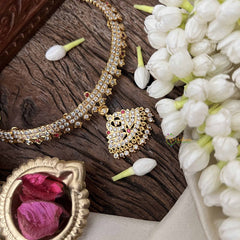 Vriksham Elegant White Red Peacock Pendant Short Neckpiece-Diamond Drops-G21150