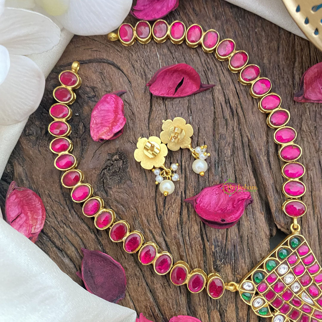 Vriksham Designer Peacock Pendant Kundan Jadau  Neckpiece-Red-White Bead-J2852