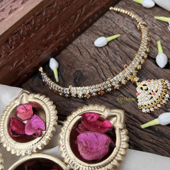 Vriksham Elegant White Red Peacock Pendant Short Neckpiece-Diamond Drops-G21150