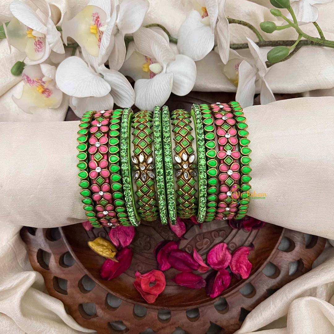 Vriksham Floral Lime Green & Pastel Pink Floral Bangle Set Silk Bangles Set-G21704