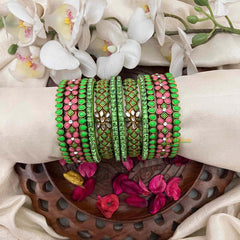 Vriksham Floral Lime Green & Pastel Pink Floral Bangle Set Silk Bangles Set-G21704
