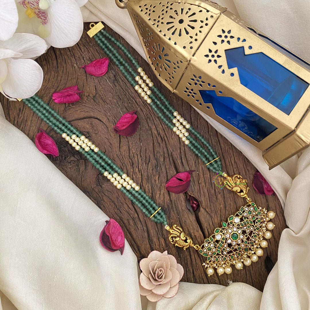 Vriksham Elegant Floral with Two Side Peacock Kundan Jadau Beaded Mala-Green-J2850