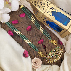 Vriksham Elegant Floral with Two Side Peacock Kundan Jadau Beaded Mala-Green-J2850