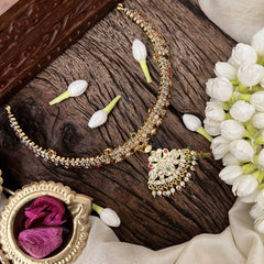 Vriksham Traditional White Red & Green Peacock Pendant Short Neckpiece-Diamond Drops-G21148