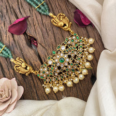 Vriksham Elegant Floral with Two Side Peacock Kundan Jadau Beaded Mala-Green-J2850