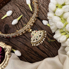 Vriksham Traditional White Red & Green Peacock Pendant Short Neckpiece-Diamond Drops-G21148