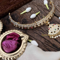 Vriksham Traditional White Red & Green Peacock Pendant Short Neckpiece-Diamond Drops-G21148