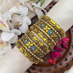 Vriksham Yellow and Blue Stone Antique Gold-Plated Floral Kada Silk Bangles Set-G21707