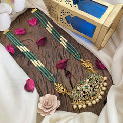 Vriksham Elegant Floral with Two Side Peacock Kundan Jadau Beaded Mala-Green-J2850