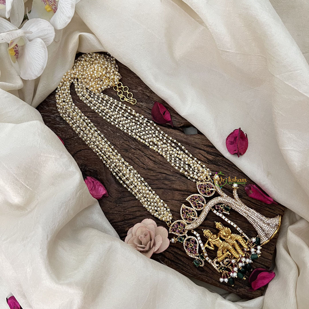 Vriksham Bridal Temple Style Radha Krishna 10 Layer Pearl Neckpiece-Red Green-Green Bead-G19614