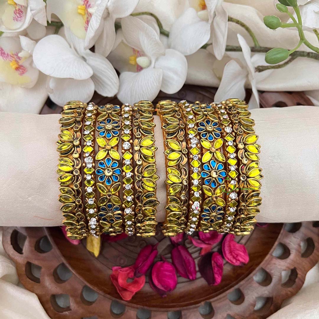 Vriksham Yellow and Blue Stone Antique Gold-Plated Floral Kada Silk Bangles Set-G21707