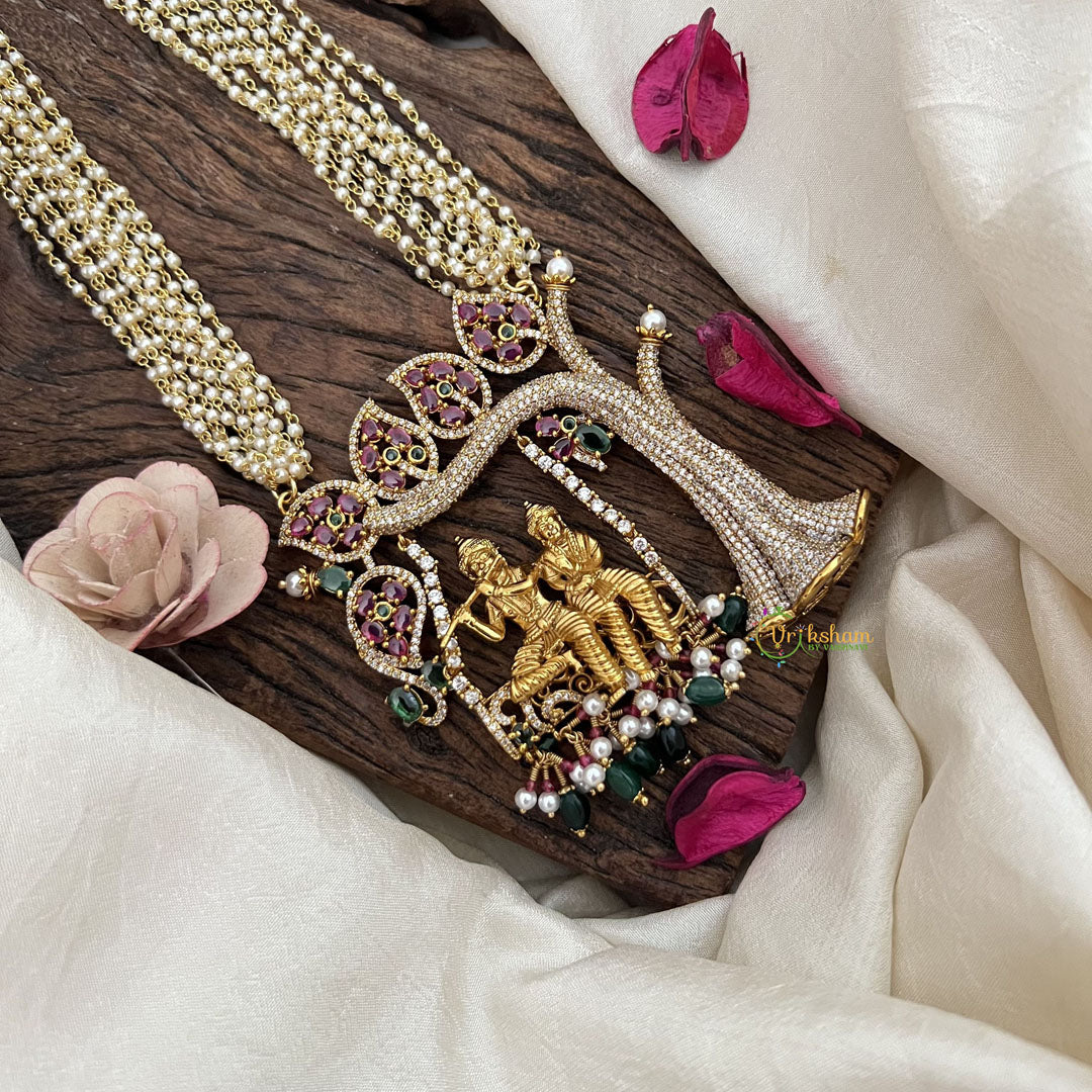Vriksham Bridal Temple Style Radha Krishna 10 Layer Pearl Neckpiece-Red Green-Green Bead-G19614