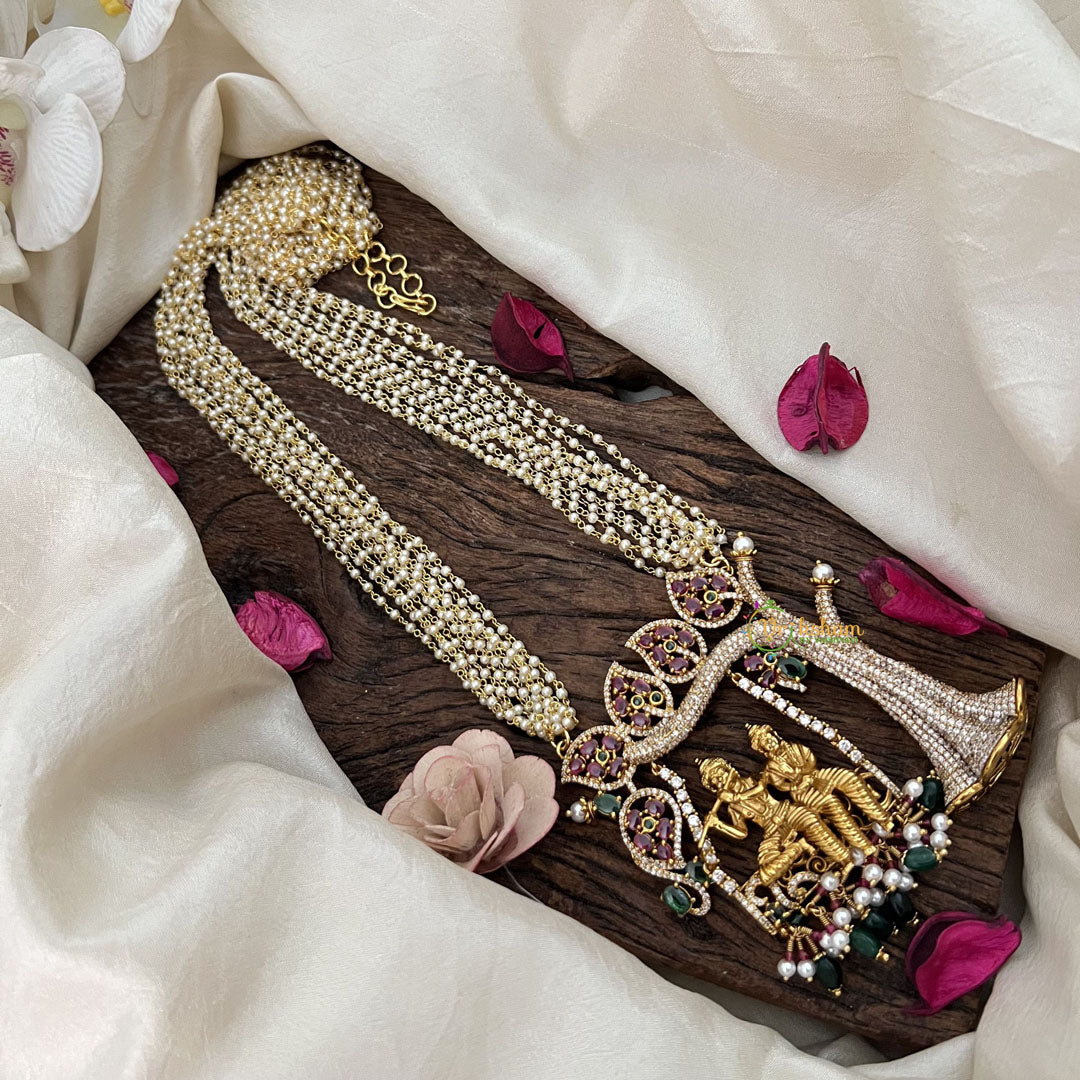 Vriksham Bridal Temple Style Radha Krishna 10 Layer Pearl Neckpiece-Red Green-Green Bead-G19614