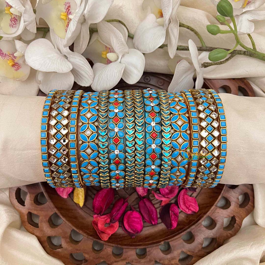 Vriksham Turquoise Blue and Gold Antique Silk Bangles Set-G21706