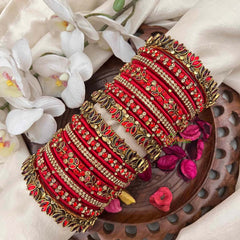 Vriksham Ruby Red Ethnic Bangle Set with Zircon Embellishments Silk Bangles Set-G21709