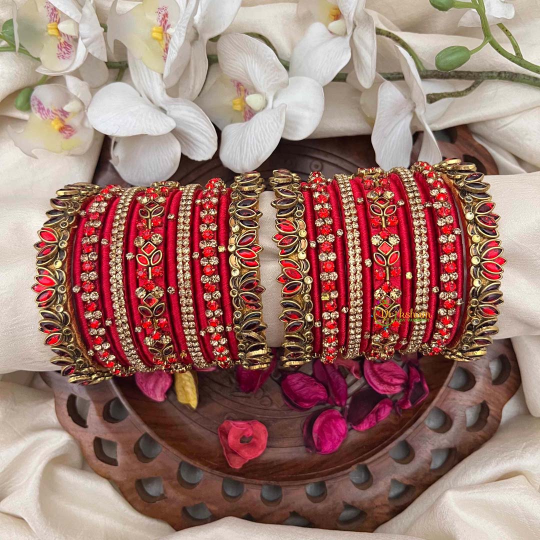Vriksham Ruby Red Ethnic Bangle Set with Zircon Embellishments Silk Bangles Set-G21709