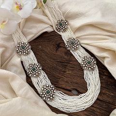 White Bead Layered Victorian Diamond Long Neckpiece  -VV880