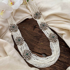 White Bead Layered Victorian Diamond Long Neckpiece  -VV880