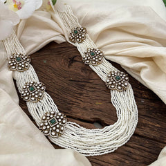 White Bead Layered Victorian Diamond Long Neckpiece  -VV880