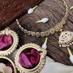 Vriksham Dual Peacock Pendant With Manga Short Neckpiece-Diamond Drops-White Red-G21154