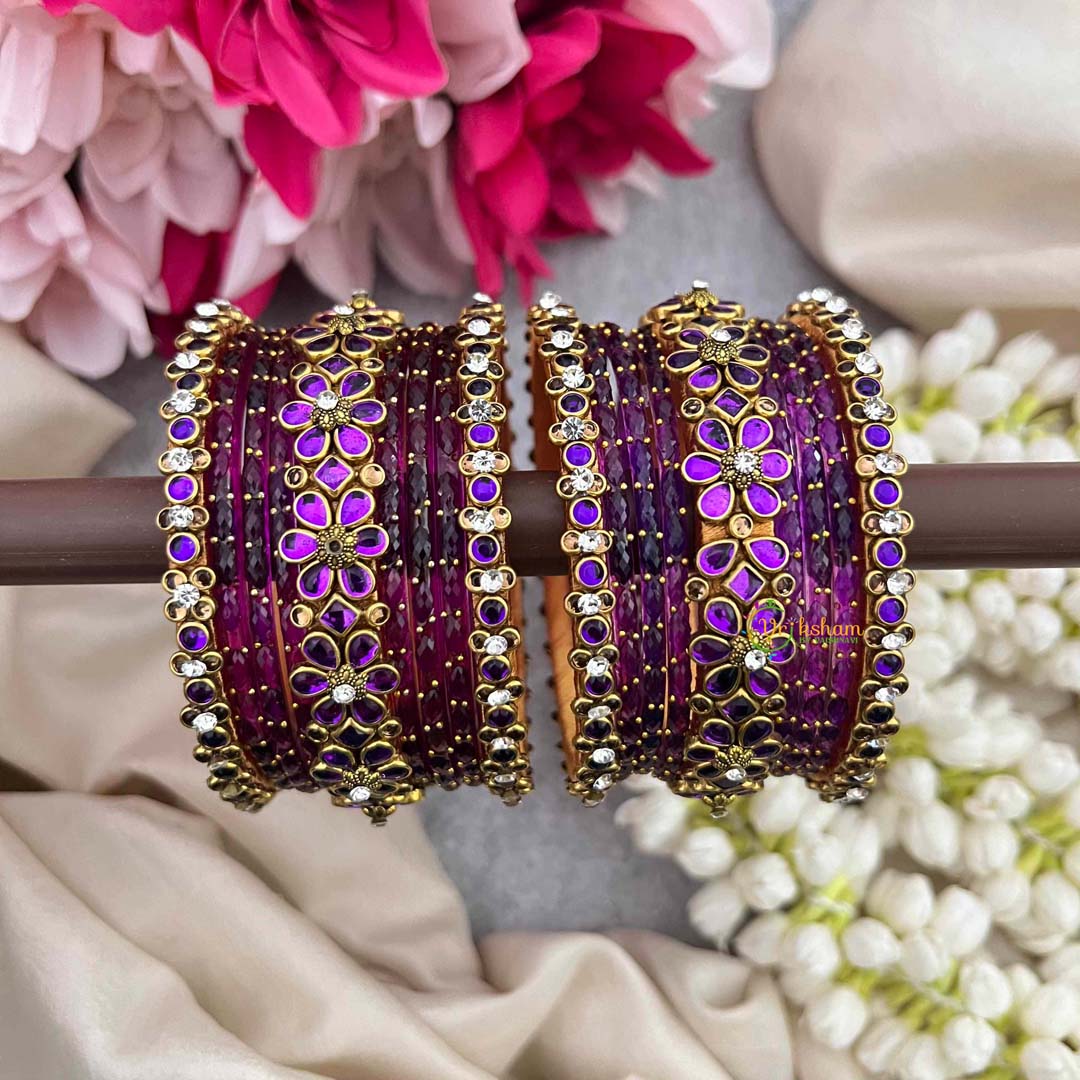 Vriksham Handcrafted Purple & Floral Side Kada Glass Bangle Set-G21711