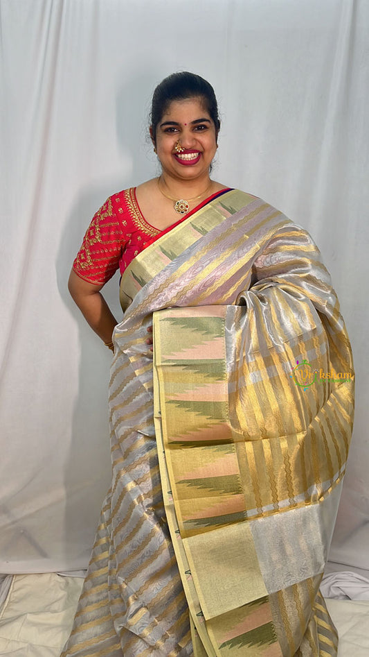 Silver and Golden Organza Saree-Handloom-VS4078