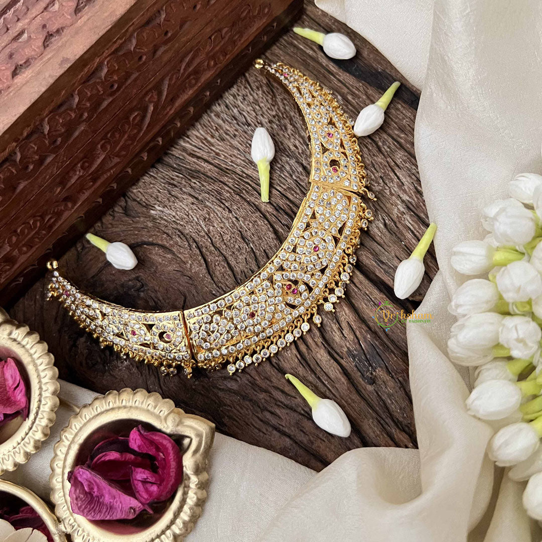 Vriksham Classic Bridal Choker Short Neckpiece-Diamond Drops-White Red-G21157