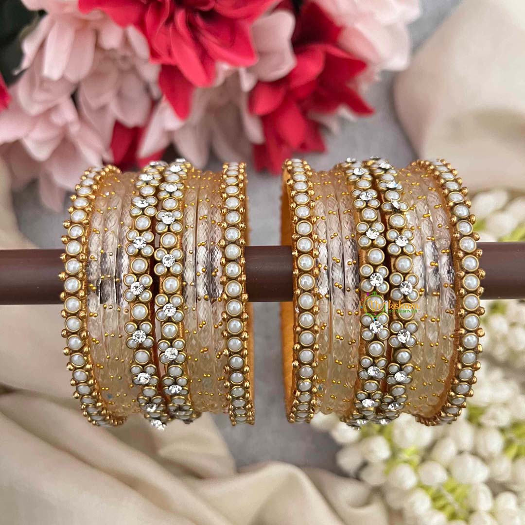 Vriksham Pearlescent Ivory & Golden Color Glass Bangle Set-G21713