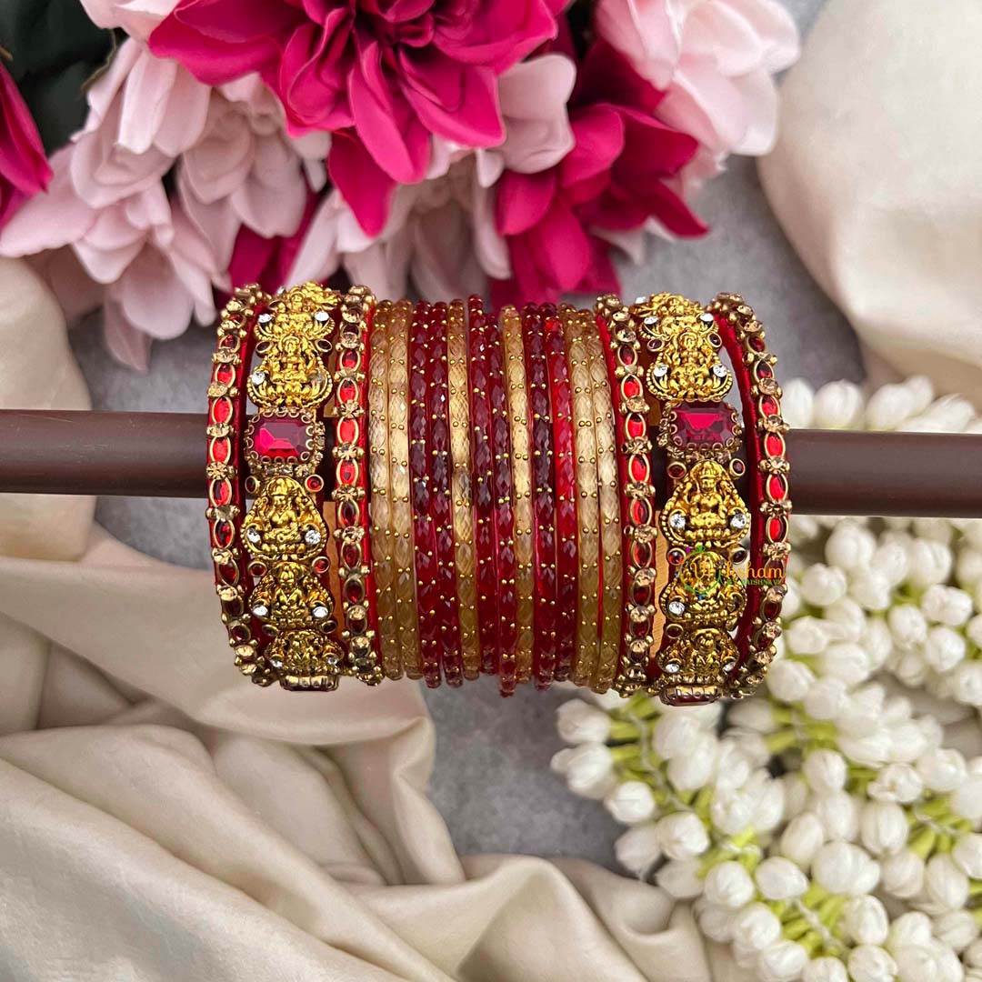 Vriksham Divine Lakshmi Temple Antique Gold Finish Ruby Red Chuda Glass Bangle Set-G21714