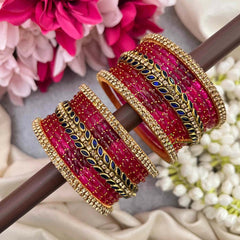 Vriksham Pink & Leaf Roayal Blue With Golden Border Glass Bangle Set-G21715