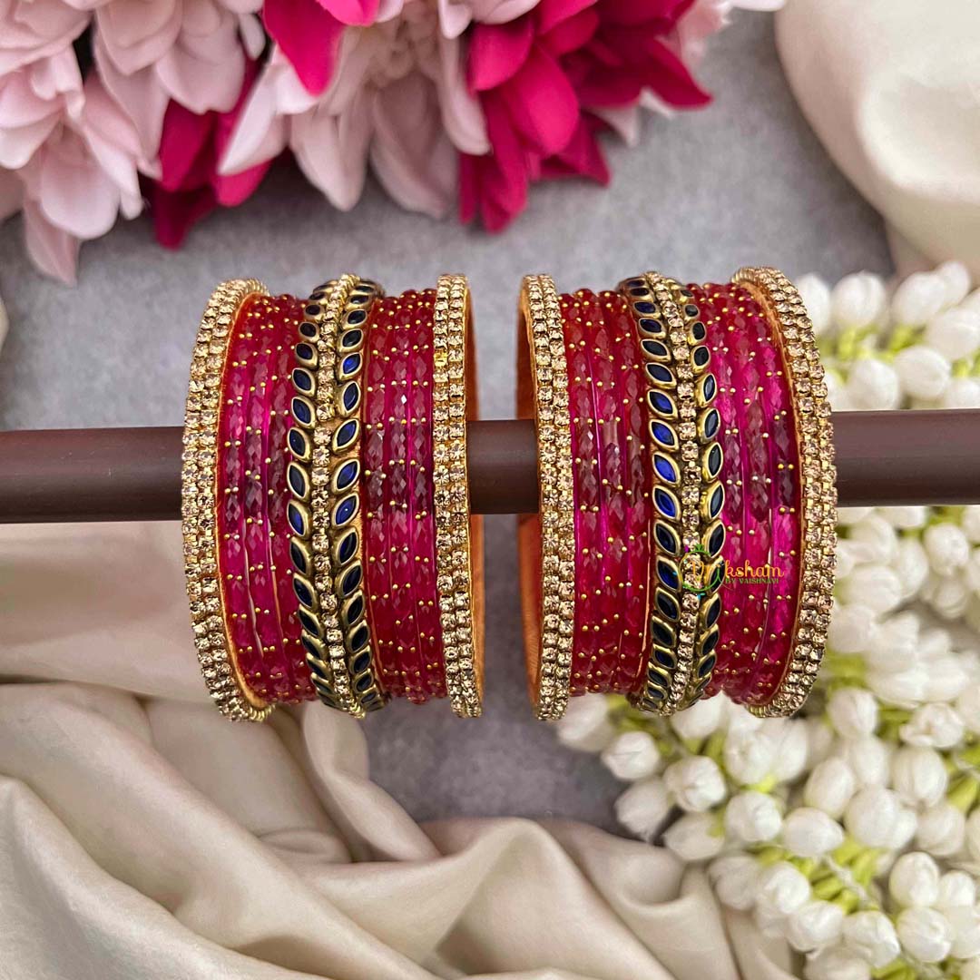 Vriksham Pink & Leaf Roayal Blue With Golden Border Glass Bangle Set-G21715