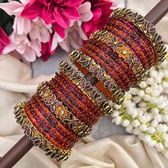 Vriksham Orange & Purple With Lotus Side Kada Border Glass Bangle Set-G21716