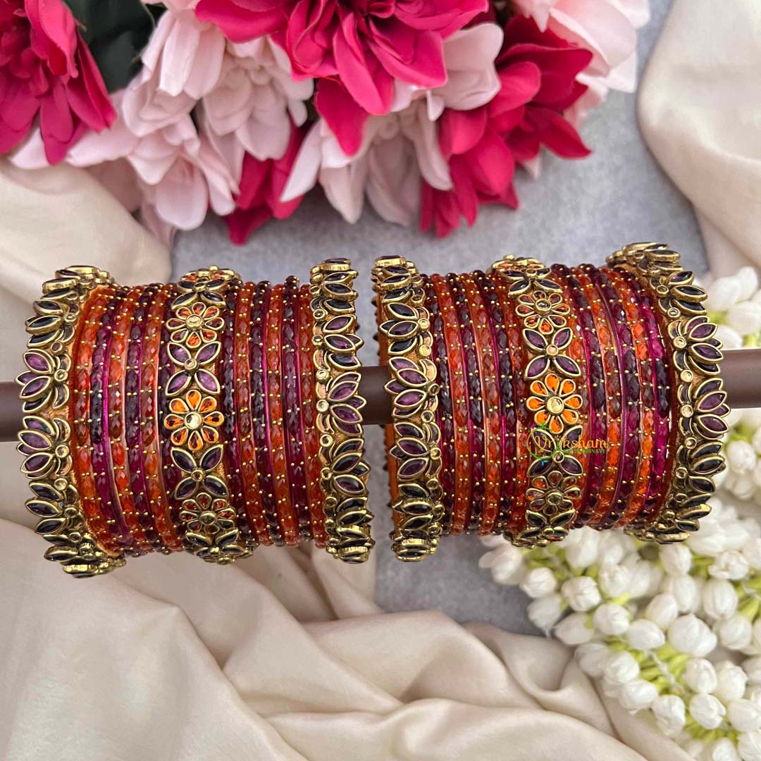 Vriksham Orange & Purple With Lotus Side Kada Border Glass Bangle Set-G21716