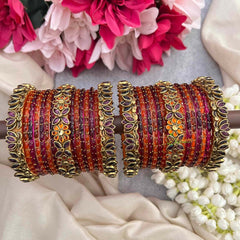 Vriksham Orange & Purple With Lotus Side Kada Border Glass Bangle Set-G21716