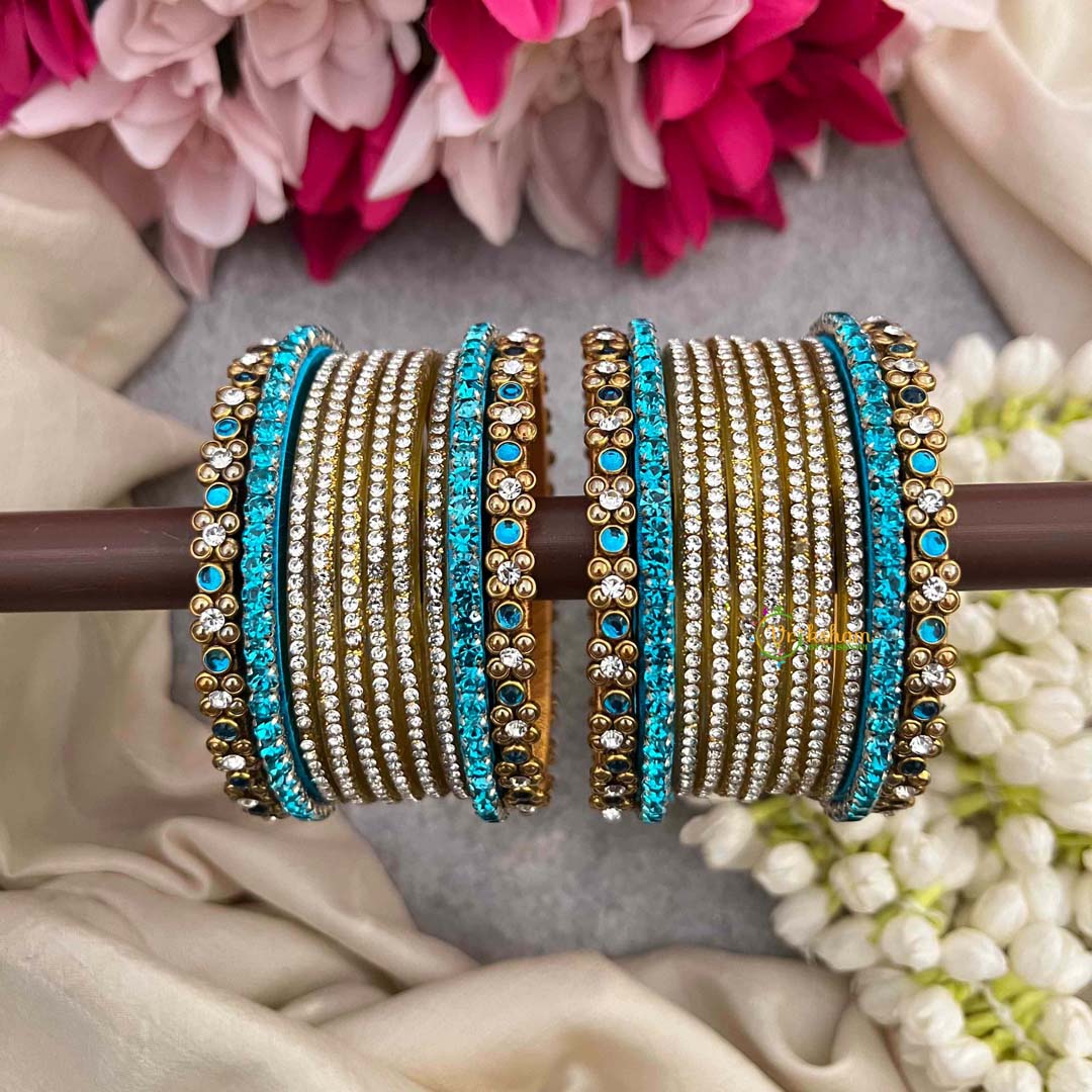 Vriksham Firoza Blue & Floral Gold Stone Glass Bangle Set-G21717