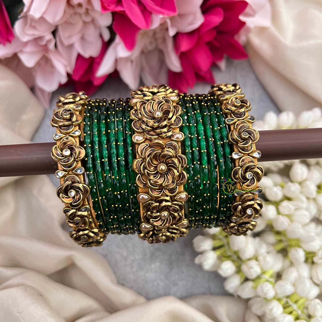 Vriksham Elegant Green & Golden Rose Style Glass Bangle Set-G21718