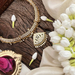 Vriksham Leaf Style Pendant Short Neckpiece-Diamond Drops-White-G21162