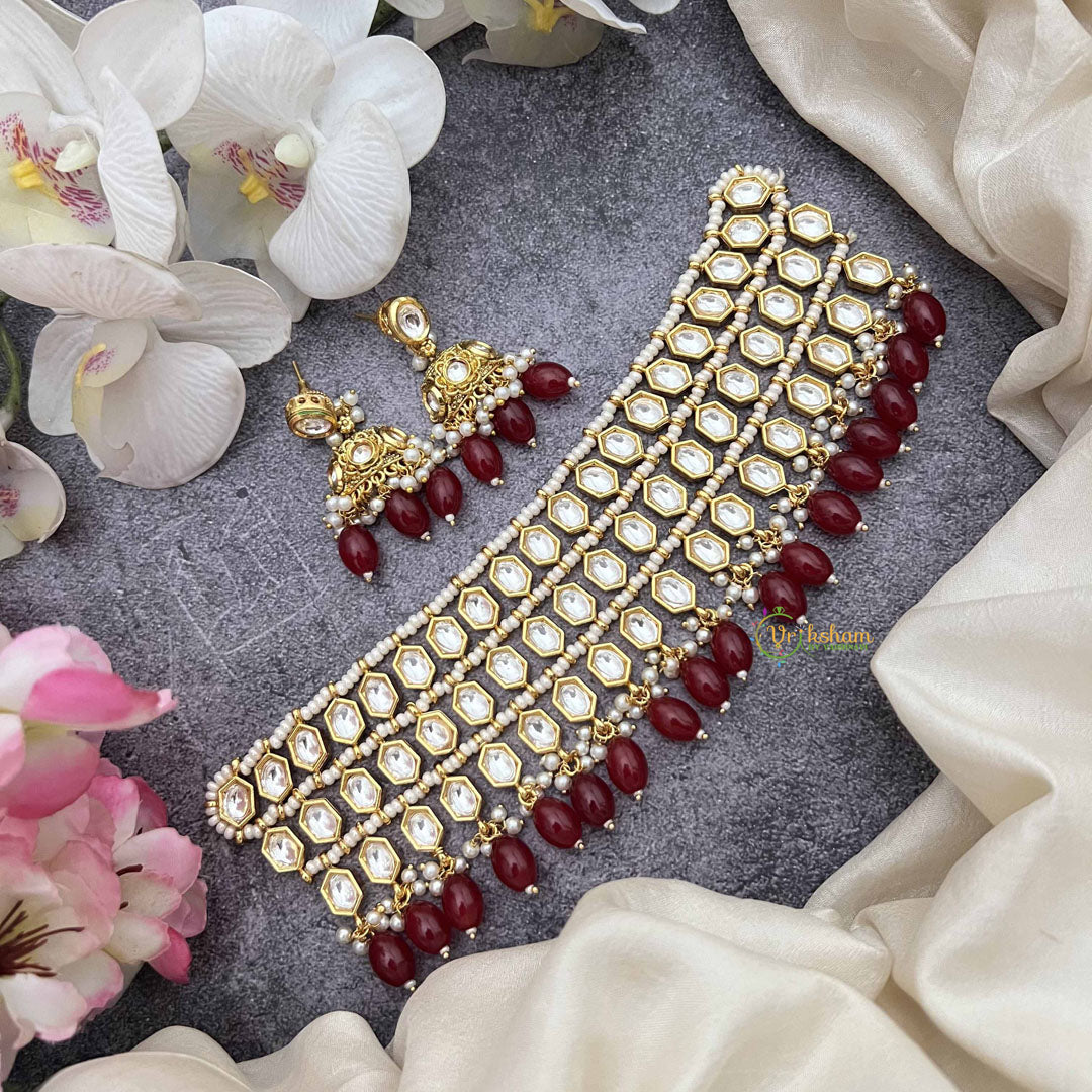 Vriksham Bridal Kundan Set With Ruby Beads & Pearl Jhumkas Choker NeckPiece-G20363