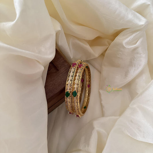 Gold Polish Red Green AD Stone Bangle Set-G14939