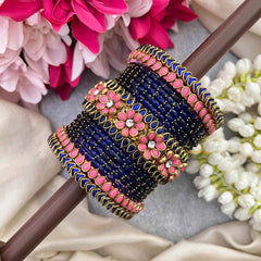 Vriksham Navy Blue Glass Bangle Stack with Pink Daisy Enamel Kadas Style Glass Bangle Set-G21722