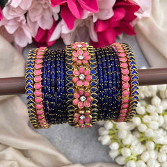 Vriksham Navy Blue Glass Bangle Stack with Pink Daisy Enamel Kadas Style Glass Bangle Set-G21722