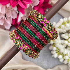 Vriksham Pink & Green With Floral Style Glass Bangle Set-G21723