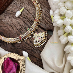 Vriksham Floral Pendant Short Neckpiece-Diamond Drops-White Red Green-G21158