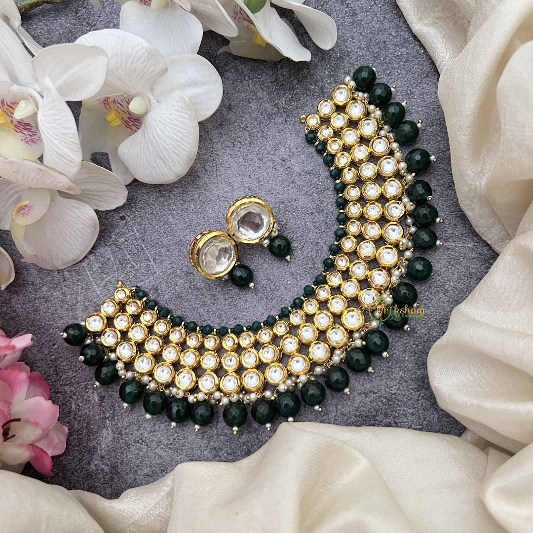 Vriksham Royal Kundan 3 Layered Round Choker With Green Beads & Jhumka Earrings NeckPiece-G20365