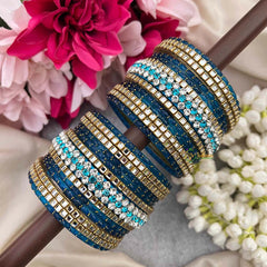 Vriksham Ocean Teal & Antique Gold Geometric Square Kada Stack Style Glass Bangle Set-G21732