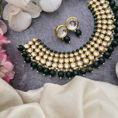 Vriksham Royal Kundan 3 Layered Round Choker With Green Beads & Jhumka Earrings NeckPiece-G20365