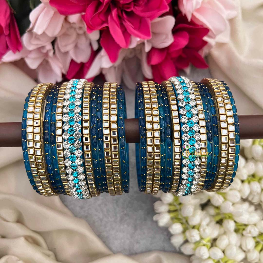 Vriksham Ocean Teal & Antique Gold Geometric Square Kada Stack Style Glass Bangle Set-G21732