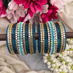 Vriksham Ocean Teal & Antique Gold Geometric Square Kada Stack Style Glass Bangle Set-G21732