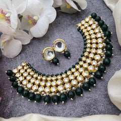 Vriksham Royal Kundan 3 Layered Round Choker With Green Beads & Jhumka Earrings NeckPiece-G20365